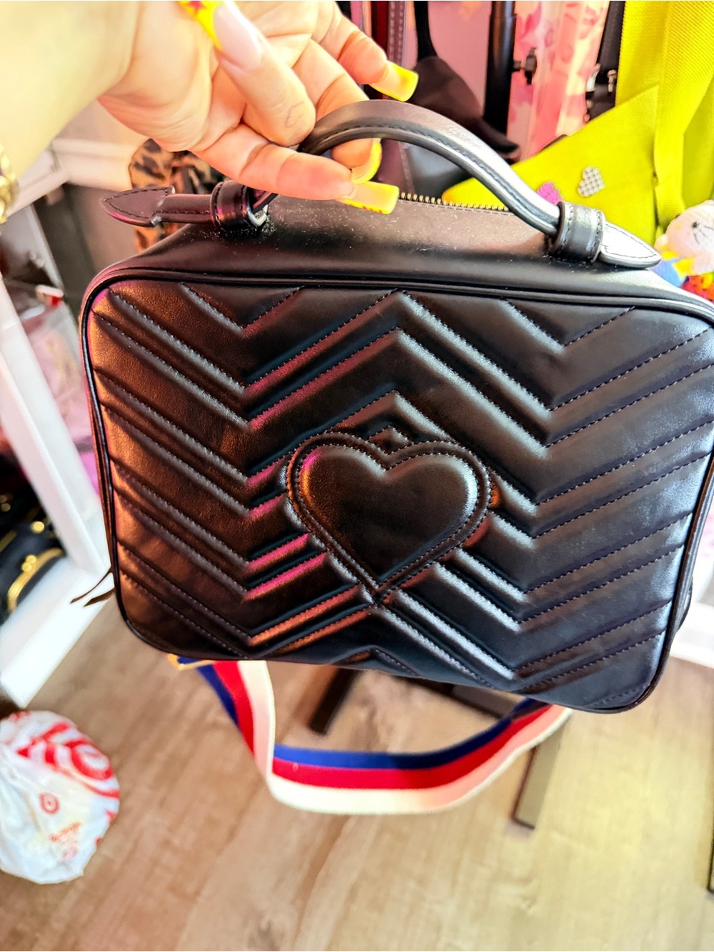 Gucci Black Quilted Heart Top-Handle Crossbody Bag with Striped Strap